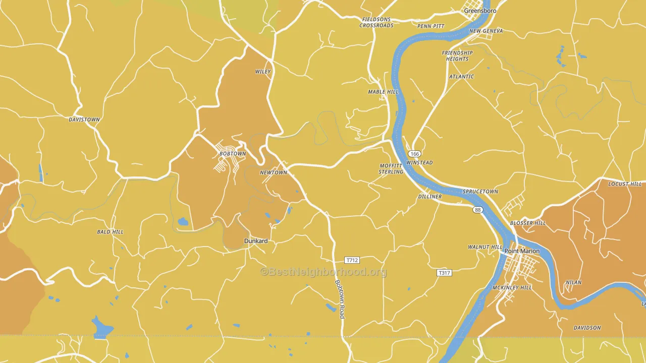 Map of the best neighborhoods in the 15327 area, with better matches in green and worse matches in red