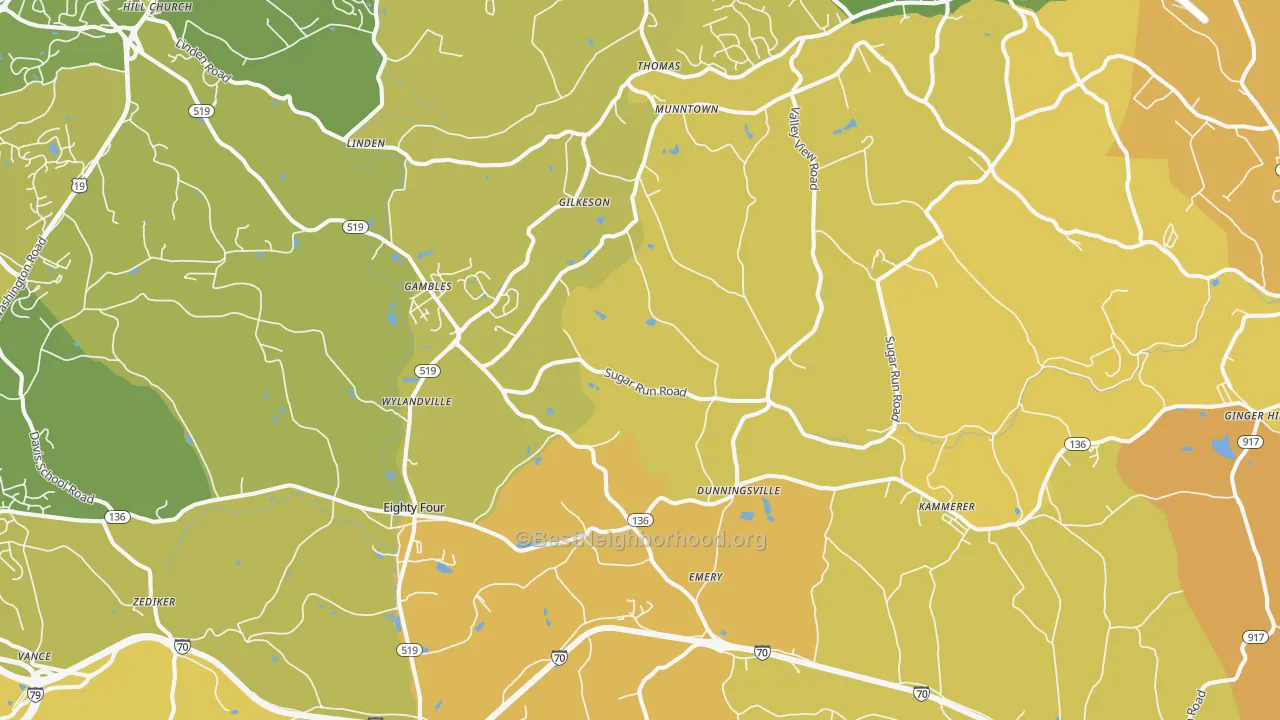 Map of the best neighborhoods in the 15330 area, with better matches in green and worse matches in red