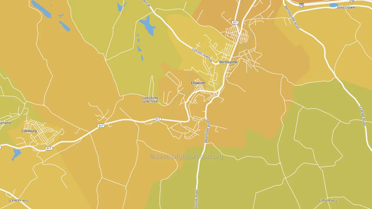 Map of the best neighborhoods in the 15331 area, with better matches in green and worse matches in red