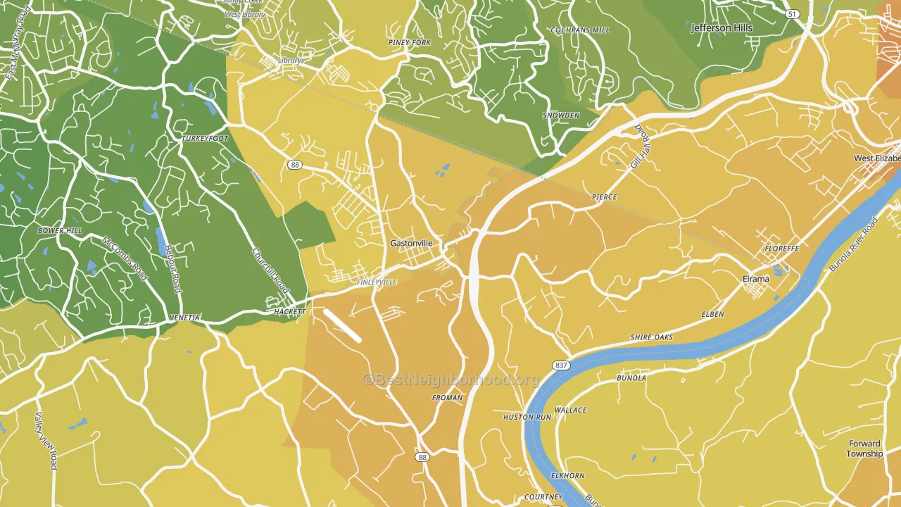 Map of the best neighborhoods in the 15332 area, with better matches in green and worse matches in red