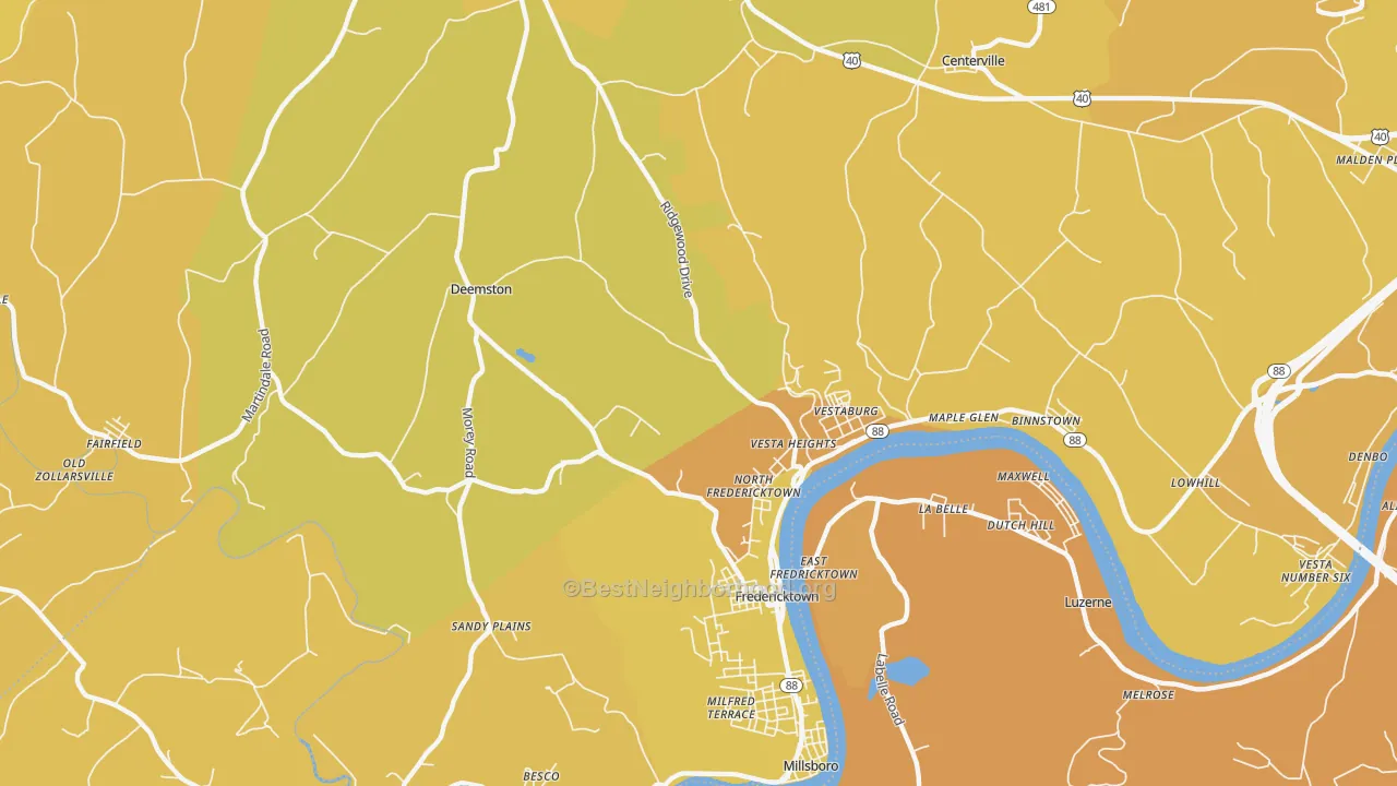 Map of the best neighborhoods in the 15333 area, with better matches in green and worse matches in red