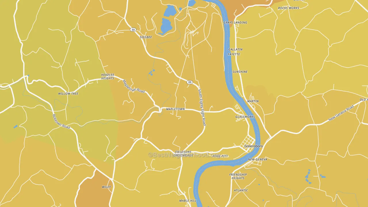 Map of the best neighborhoods in the 15338 area, with better matches in green and worse matches in red