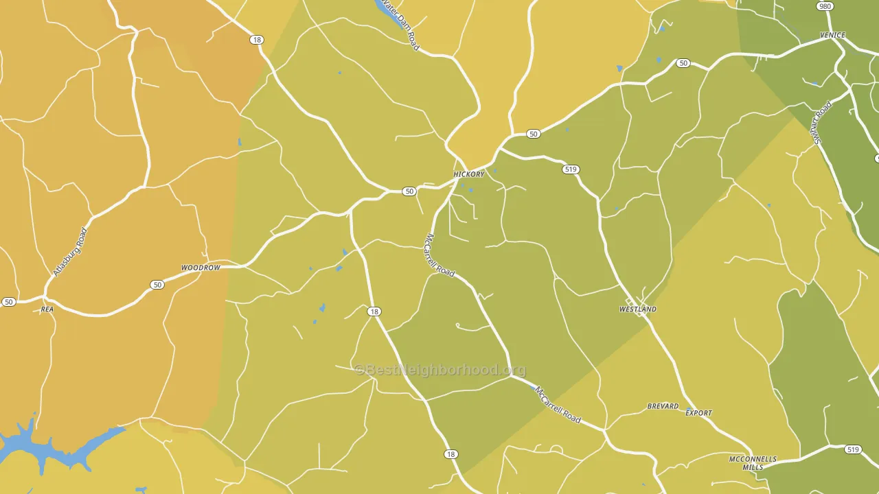 Map of the best neighborhoods in the 15340 area, with better matches in green and worse matches in red