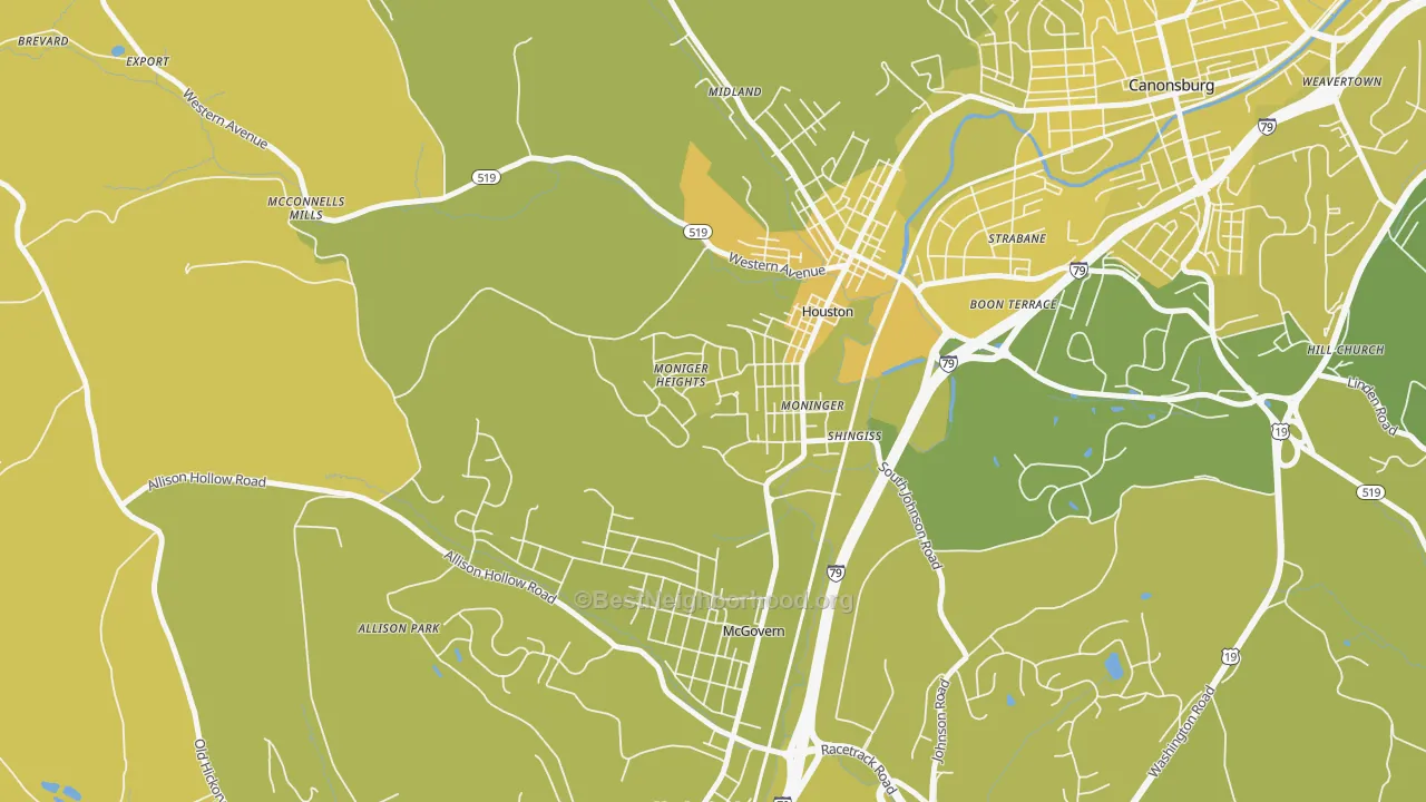 Map of the best neighborhoods in the 15342 area, with better matches in green and worse matches in red