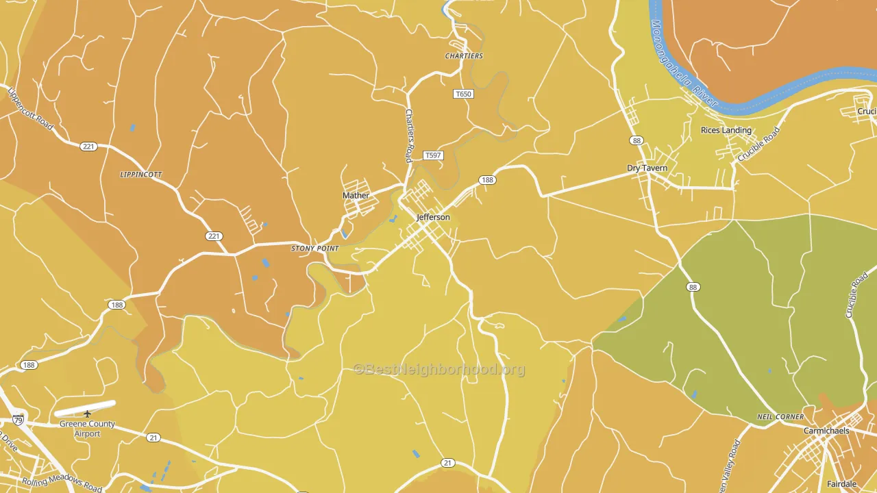 Map of the best neighborhoods in the 15344 area, with better matches in green and worse matches in red