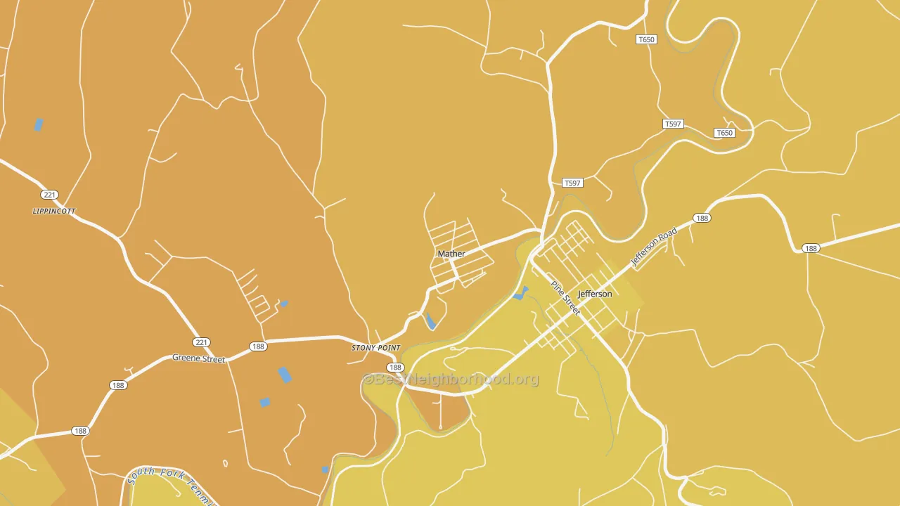 Map of the best neighborhoods in the 15346 area, with better matches in green and worse matches in red