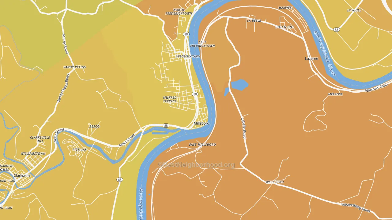 Map of the best neighborhoods in the 15348 area, with better matches in green and worse matches in red