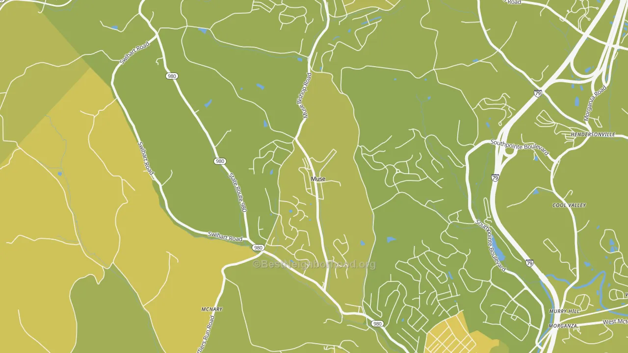 Map of the best neighborhoods in the 15350 area, with better matches in green and worse matches in red