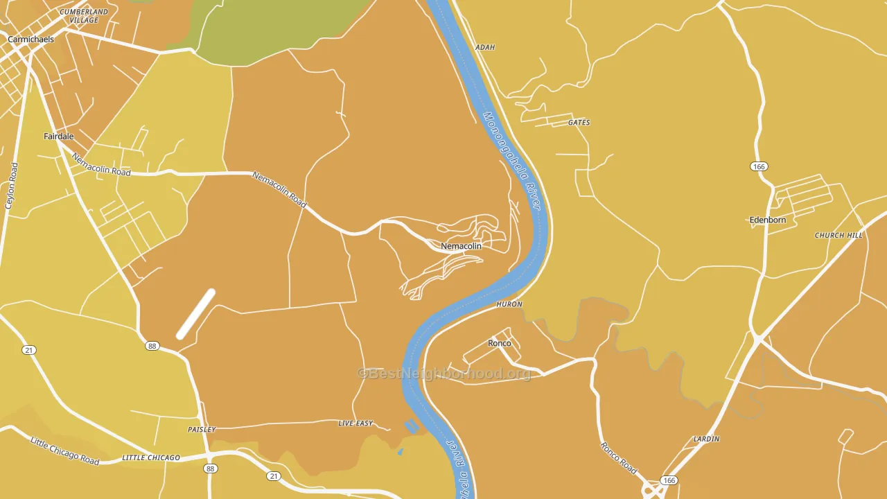 Map of the best neighborhoods in the 15351 area, with better matches in green and worse matches in red