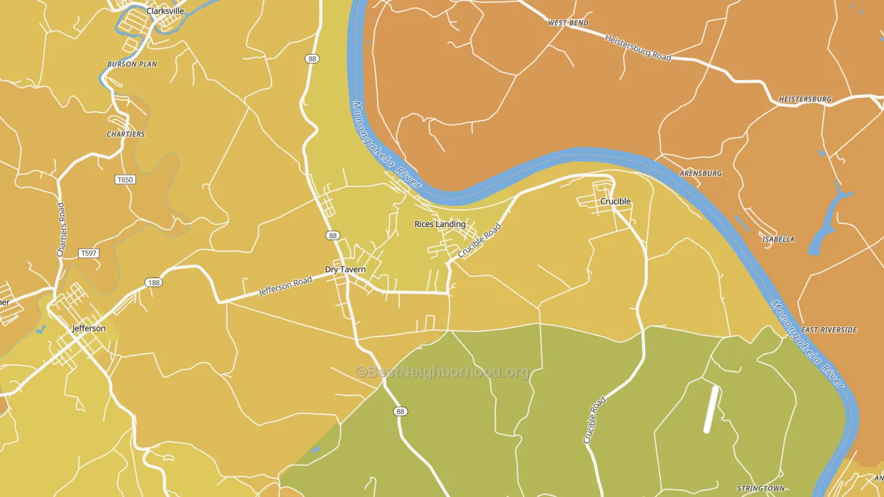 Map of the best neighborhoods in the 15357 area, with better matches in green and worse matches in red