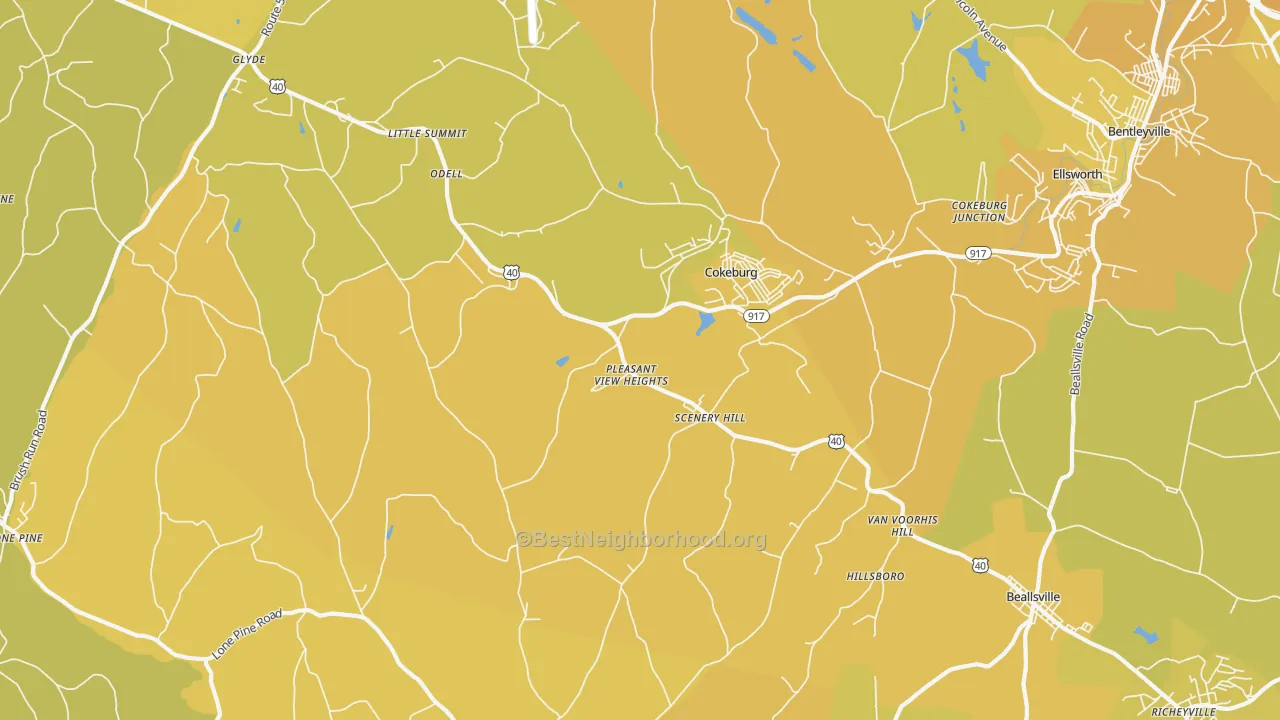 Map of the best neighborhoods in the 15360 area, with better matches in green and worse matches in red