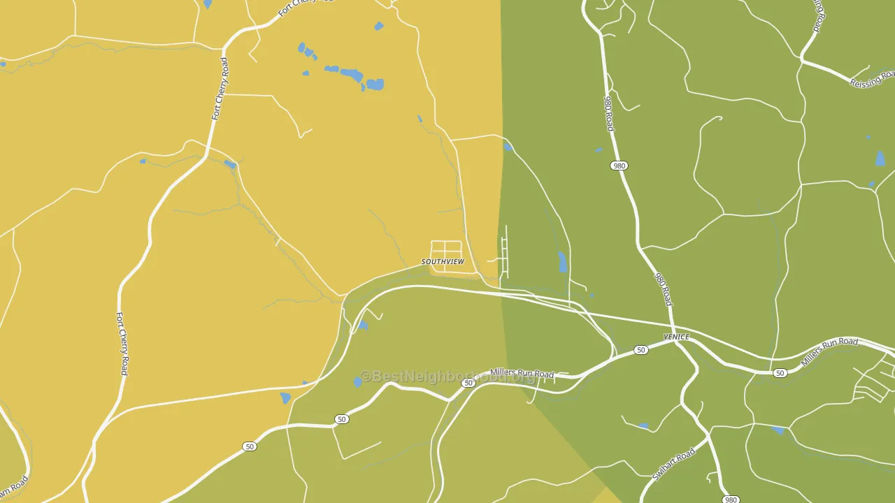 Map of the best neighborhoods in the 15361 area, with better matches in green and worse matches in red