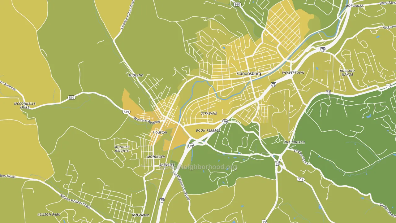 Map of the best neighborhoods in the 15363 area, with better matches in green and worse matches in red