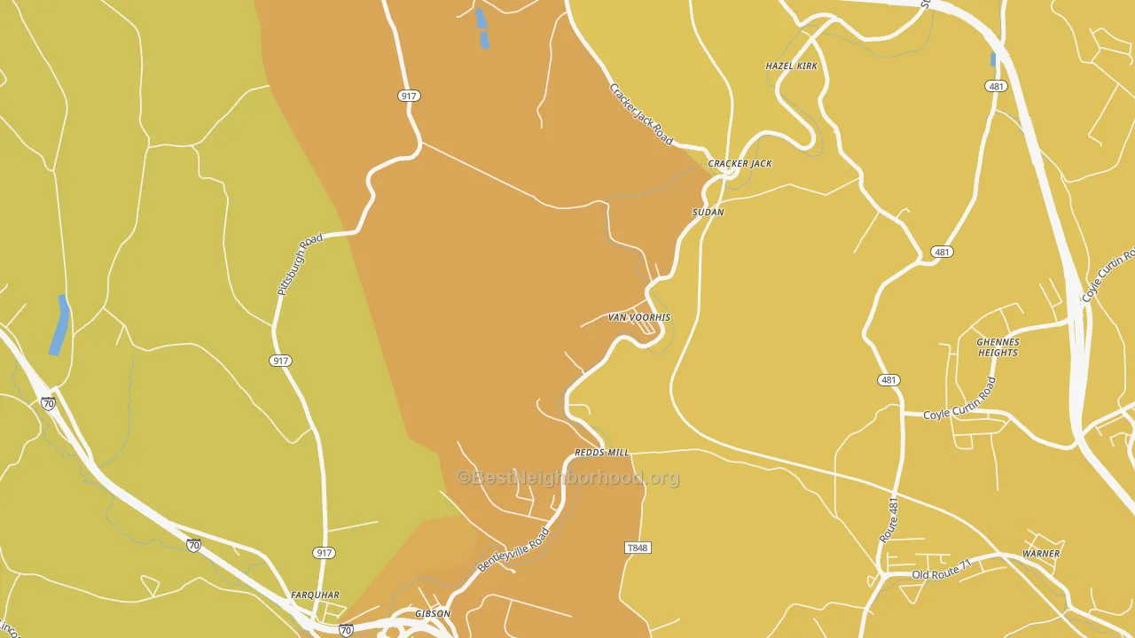 Map of the best neighborhoods in the 15366 area, with better matches in green and worse matches in red