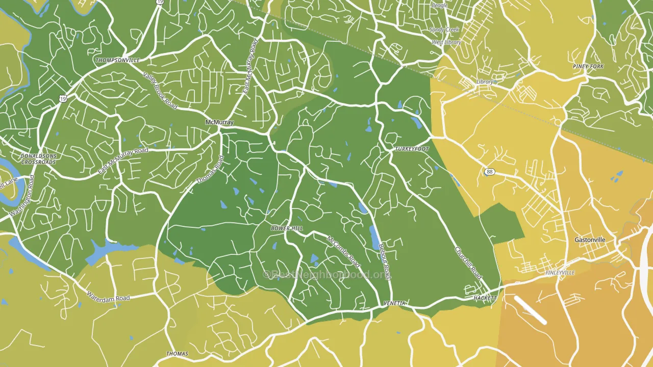 Map of the best neighborhoods in the 15367 area, with better matches in green and worse matches in red
