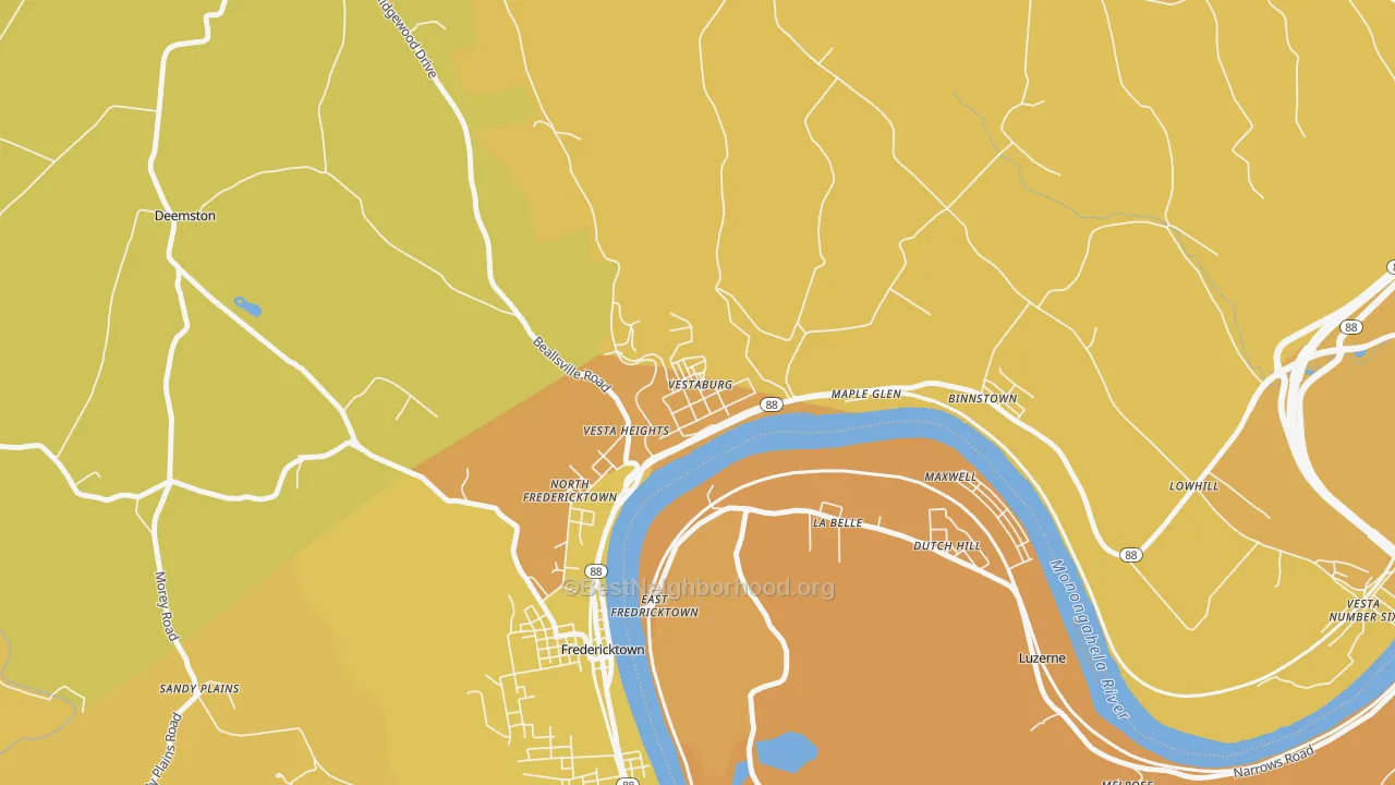 Map of the best neighborhoods in the 15368 area, with better matches in green and worse matches in red