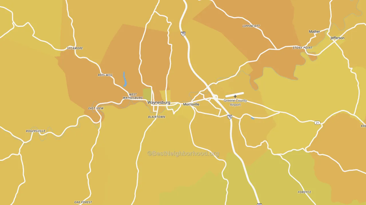 Map of the best neighborhoods in the 15370 area, with better matches in green and worse matches in red