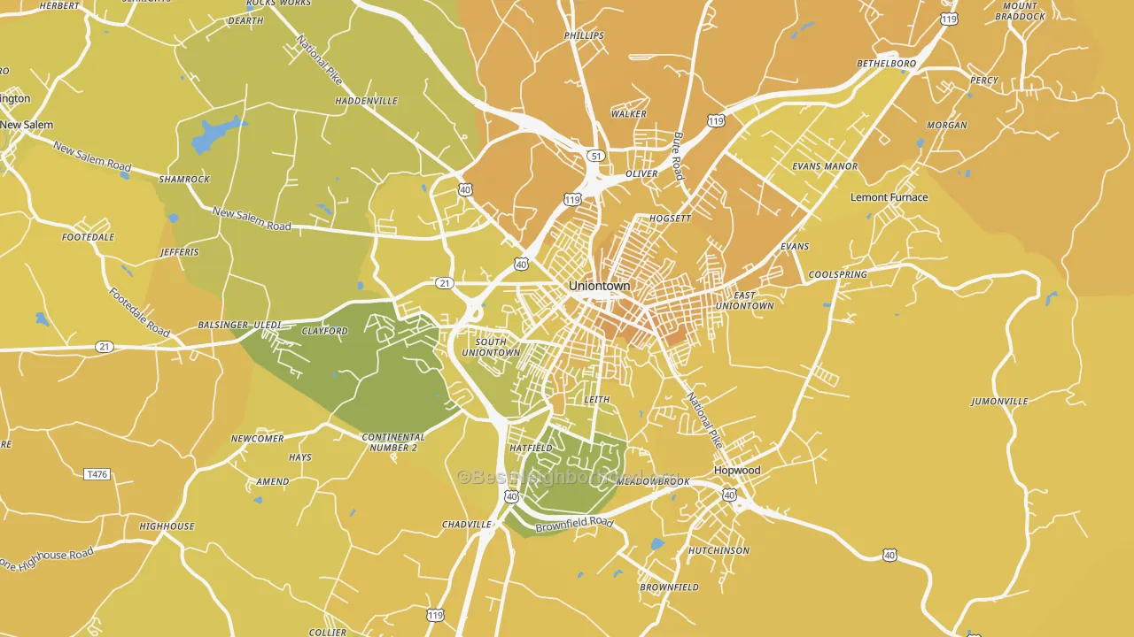 Map of the best neighborhoods in the 15401 area, with better matches in green and worse matches in red