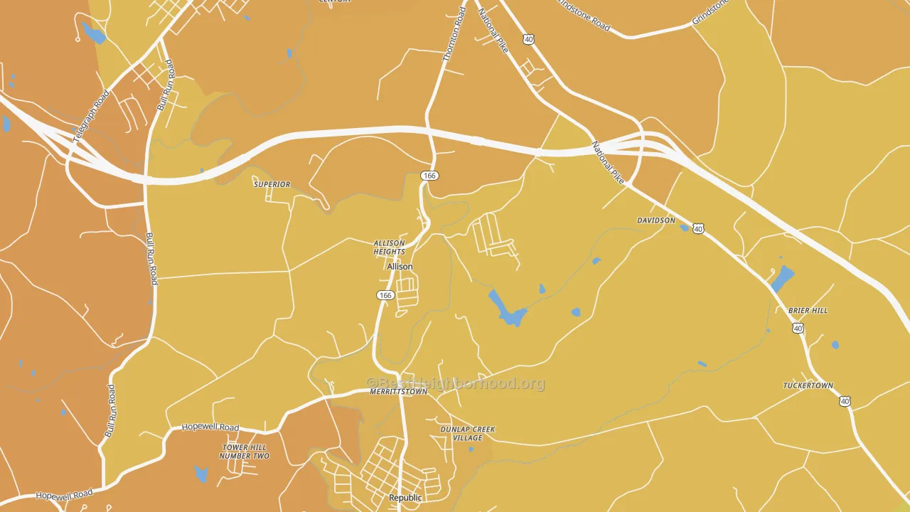 Map of the best neighborhoods in the 15413 area, with better matches in green and worse matches in red