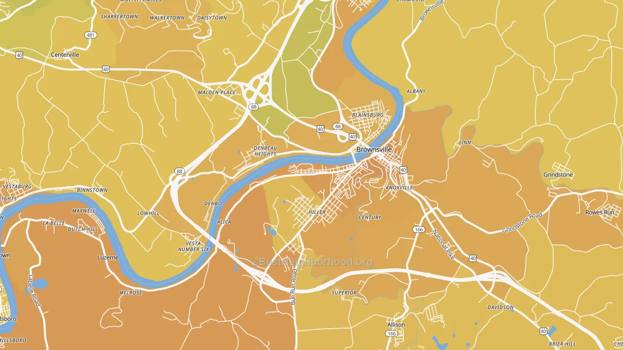 Map of the best neighborhoods in the 15417 area, with better matches in green and worse matches in red