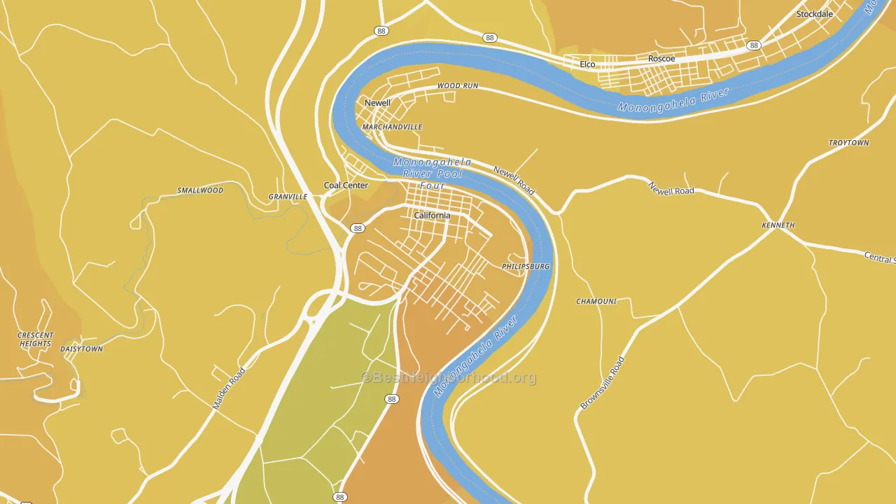 Map of the best neighborhoods in the 15419 area, with better matches in green and worse matches in red