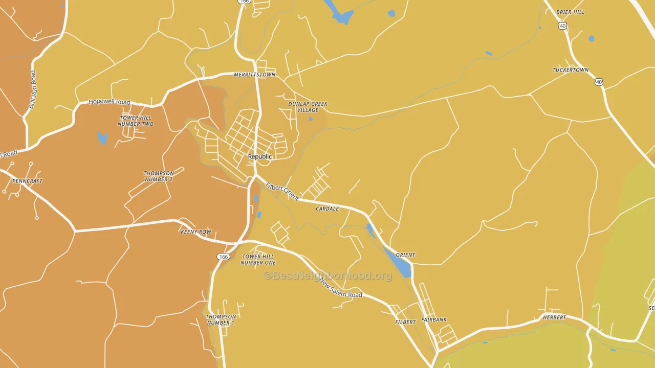 Map of the best neighborhoods in the 15420 area, with better matches in green and worse matches in red