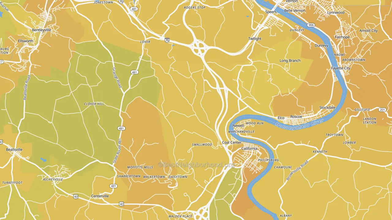 Map of the best neighborhoods in the 15423 area, with better matches in green and worse matches in red