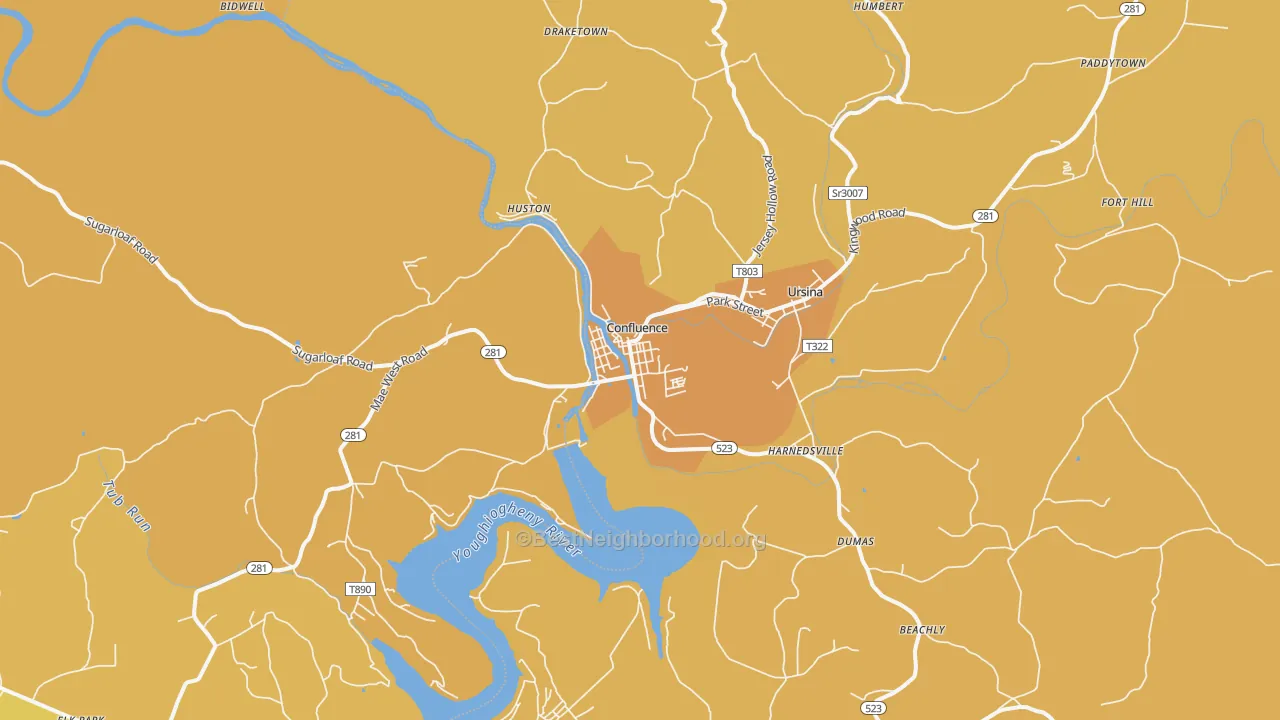 Map of the best neighborhoods in the 15424 area, with better matches in green and worse matches in red