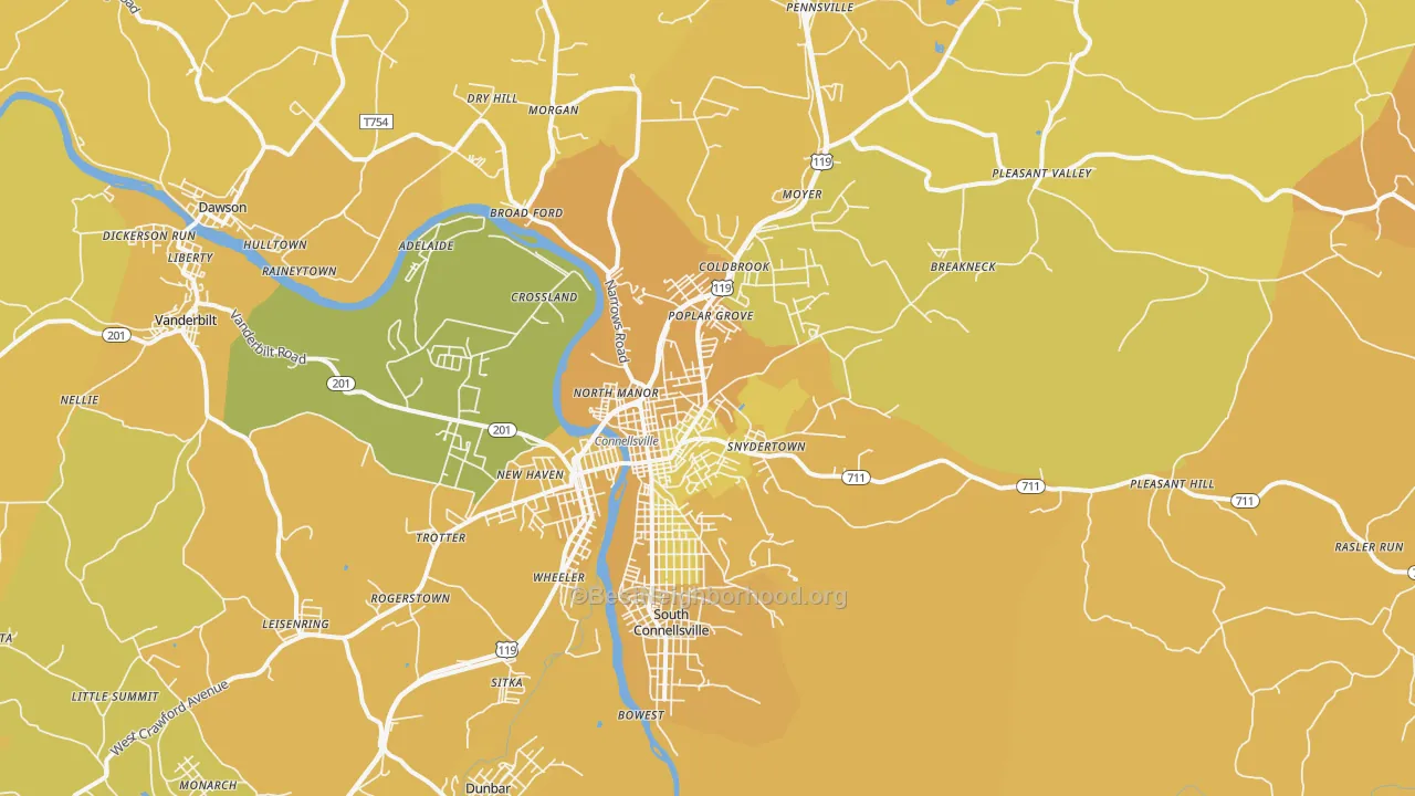 Map of the best neighborhoods in the 15425 area, with better matches in green and worse matches in red