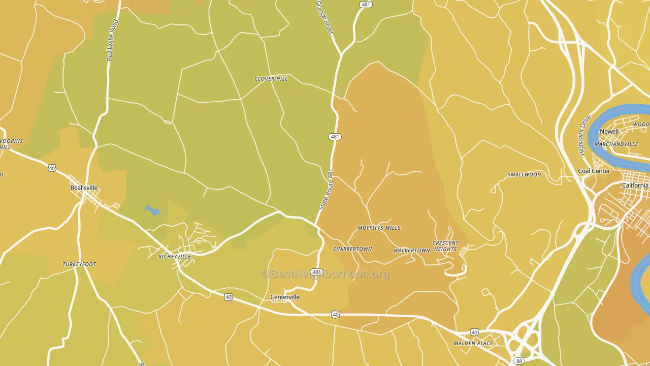 Map of the best neighborhoods in the 15427 area, with better matches in green and worse matches in red