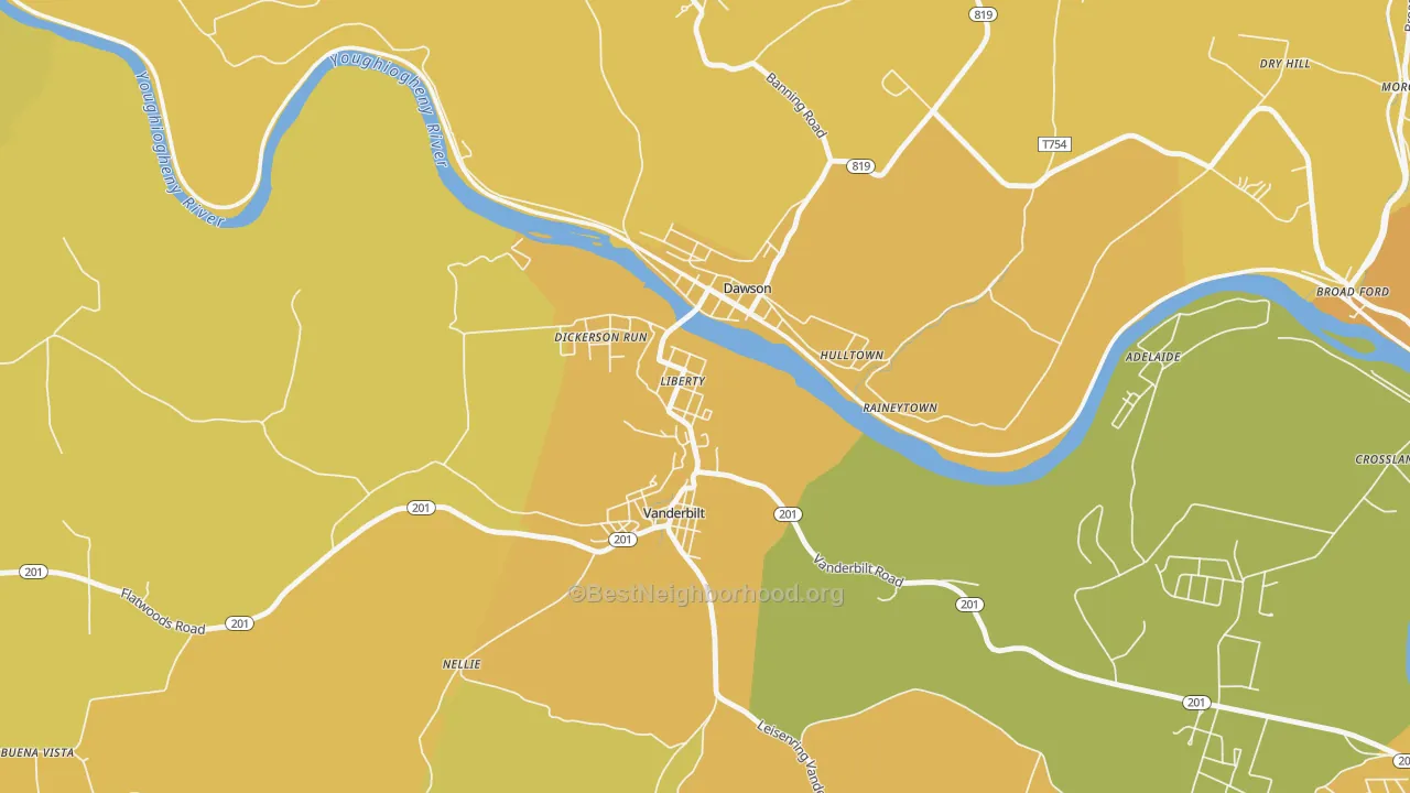 Map of the best neighborhoods in the 15430 area, with better matches in green and worse matches in red