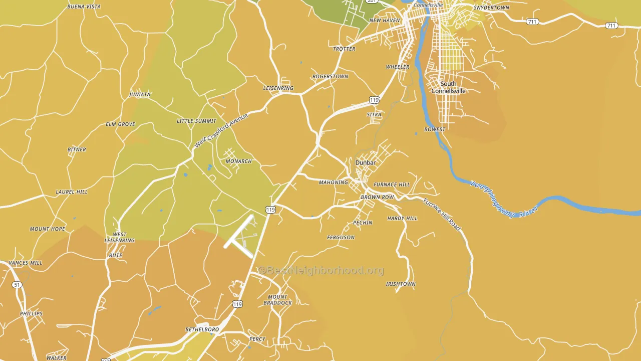 Map of the best neighborhoods in the 15431 area, with better matches in green and worse matches in red