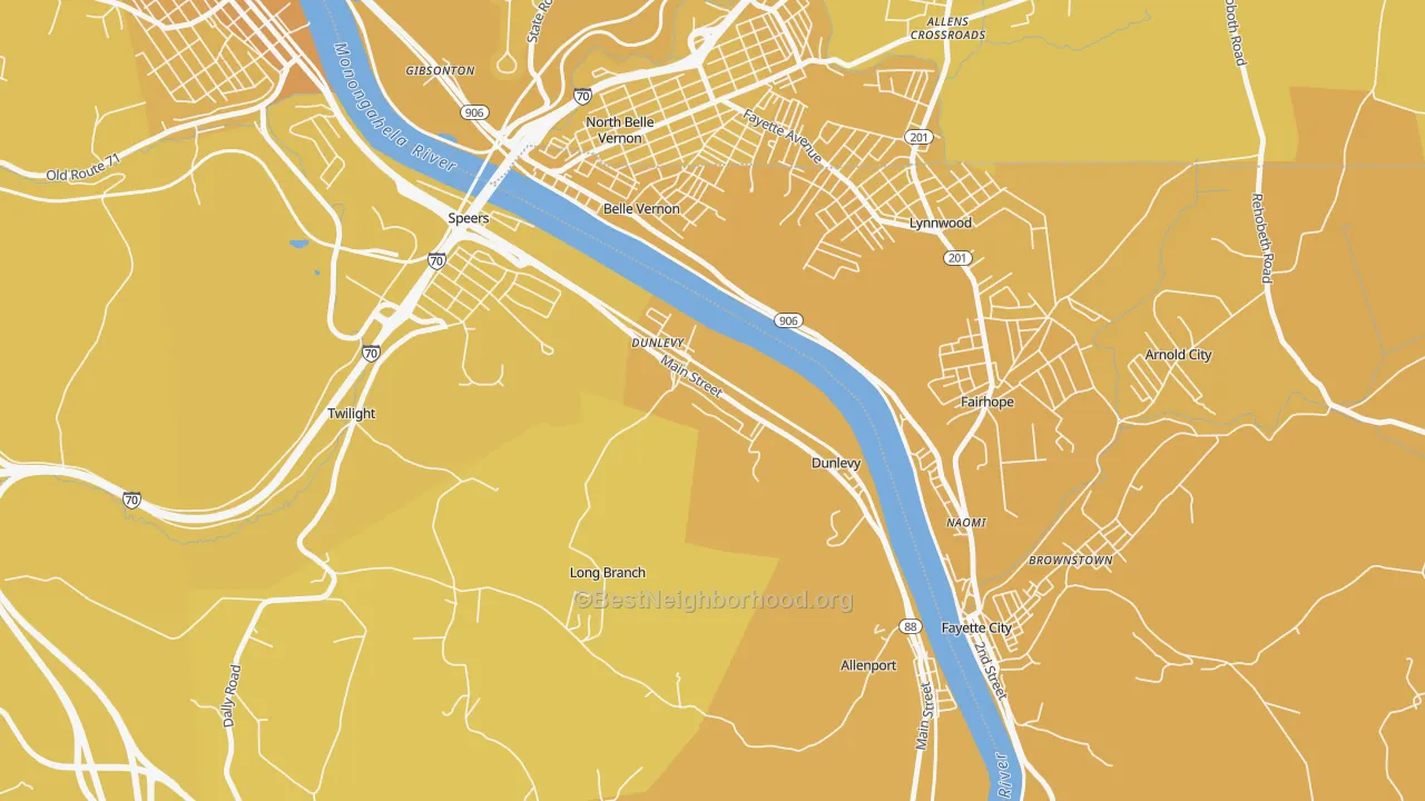 Map of the best neighborhoods in the 15432 area, with better matches in green and worse matches in red