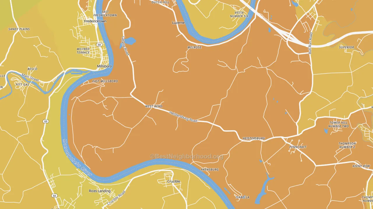 Map of the best neighborhoods in the 15433 area, with better matches in green and worse matches in red