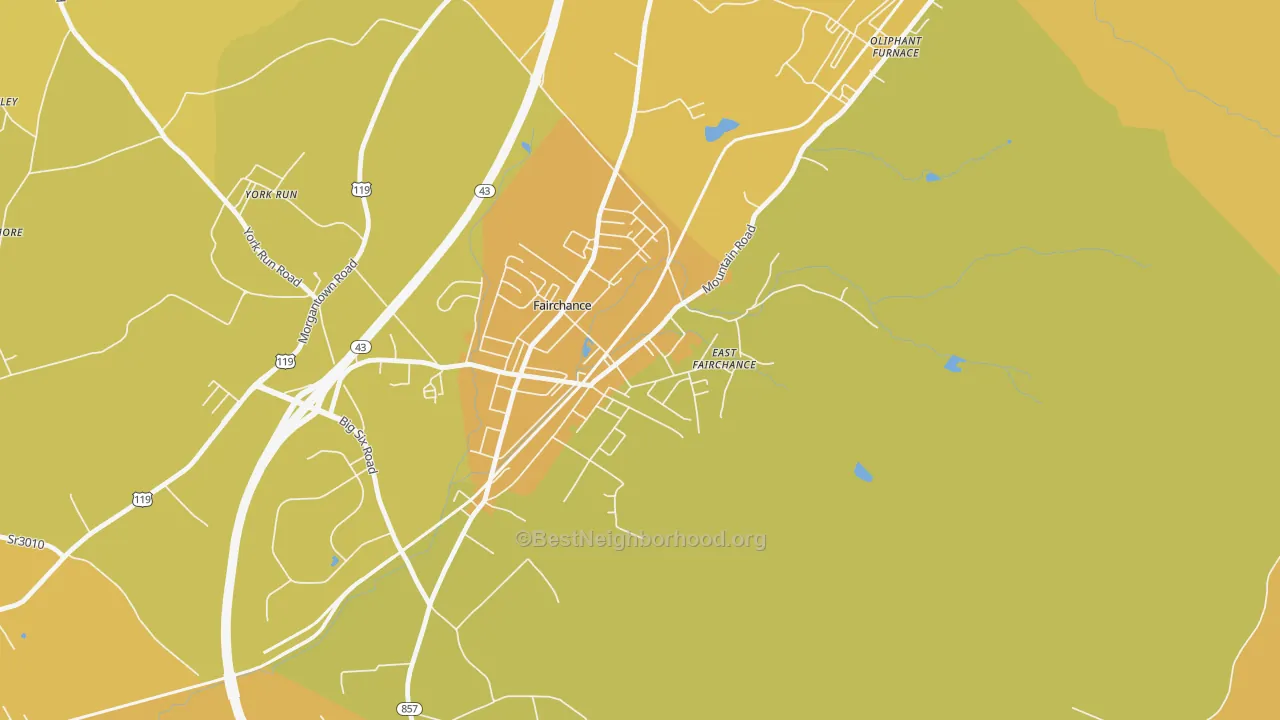 Map of the best neighborhoods in the 15436 area, with better matches in green and worse matches in red