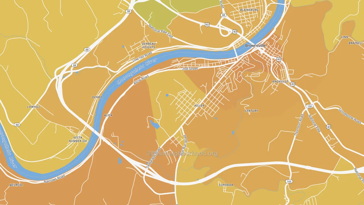 Map of the best neighborhoods in the 15444 area, with better matches in green and worse matches in red