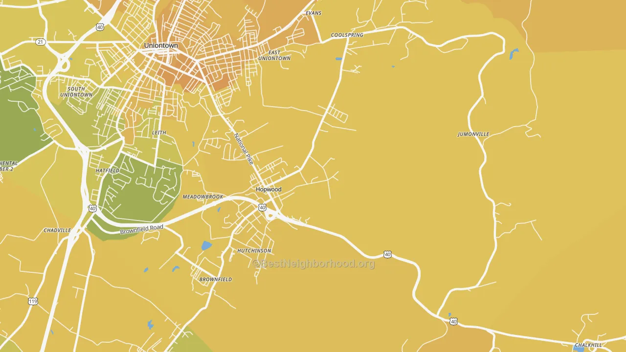 Map of the best neighborhoods in the 15445 area, with better matches in green and worse matches in red
