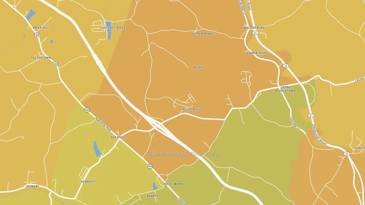 Map of the best neighborhoods in the 15449 area, with better matches in green and worse matches in red