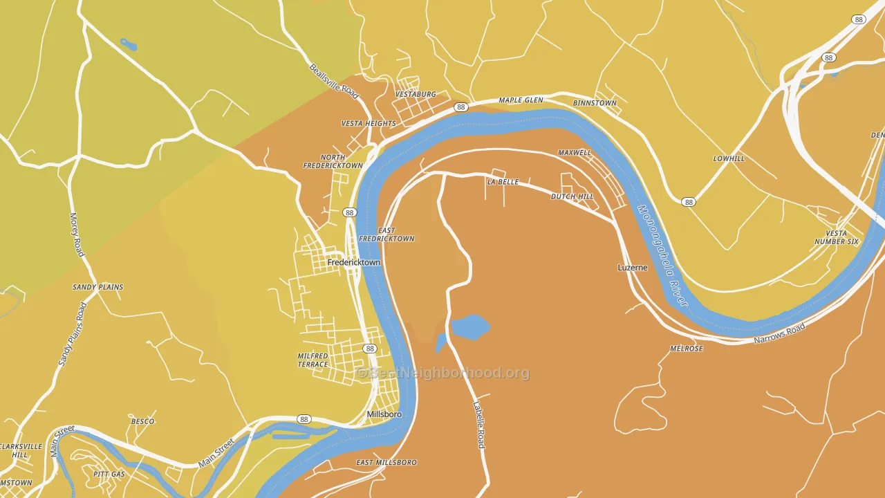 Map of the best neighborhoods in the 15450 area, with better matches in green and worse matches in red