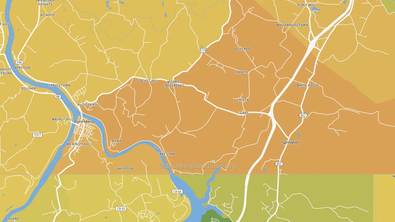 Map of the best neighborhoods in the 15451 area, with better matches in green and worse matches in red