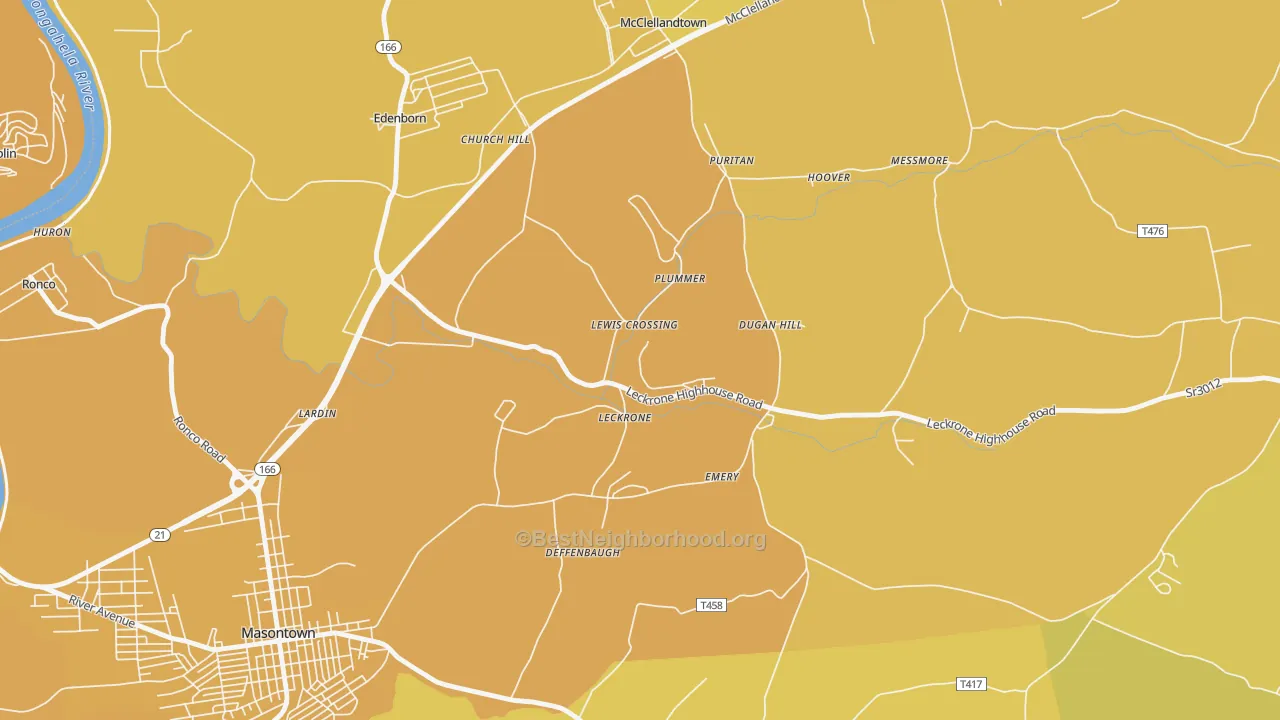 Map of the best neighborhoods in the 15454 area, with better matches in green and worse matches in red