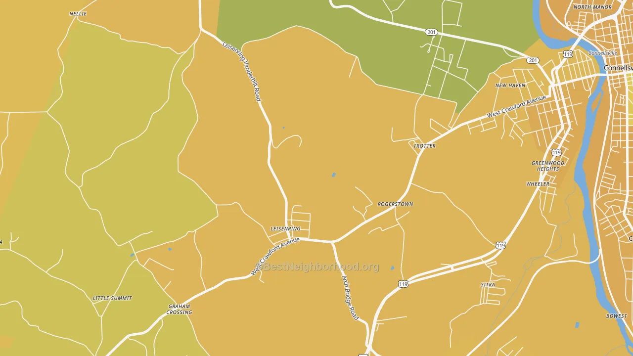 Map of the best neighborhoods in the 15455 area, with better matches in green and worse matches in red