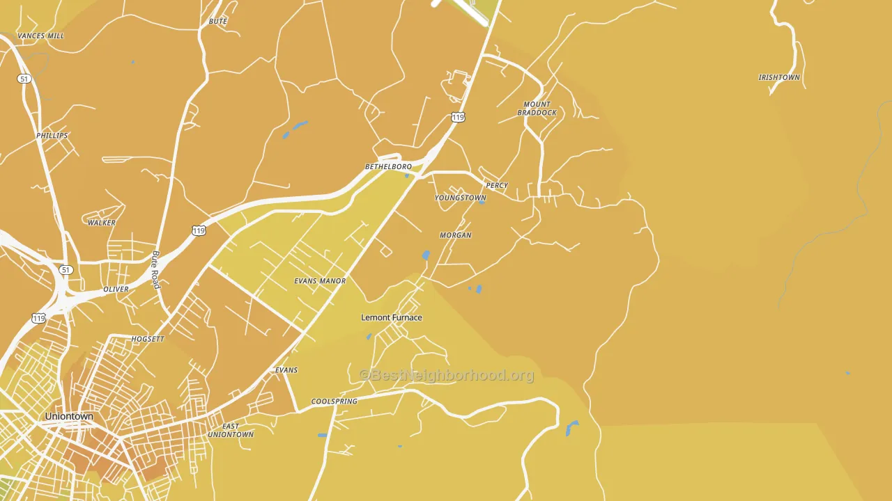 Map of the best neighborhoods in the 15456 area, with better matches in green and worse matches in red