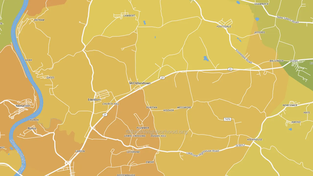 Map of the best neighborhoods in the 15458 area, with better matches in green and worse matches in red