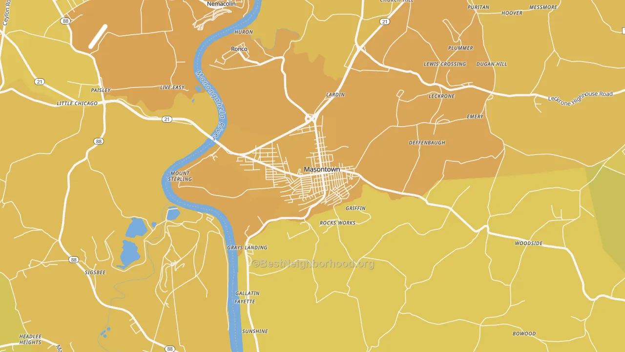 Map of the best neighborhoods in the 15461 area, with better matches in green and worse matches in red