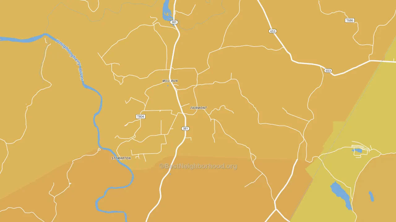 Map of the best neighborhoods in the 15464 area, with better matches in green and worse matches in red