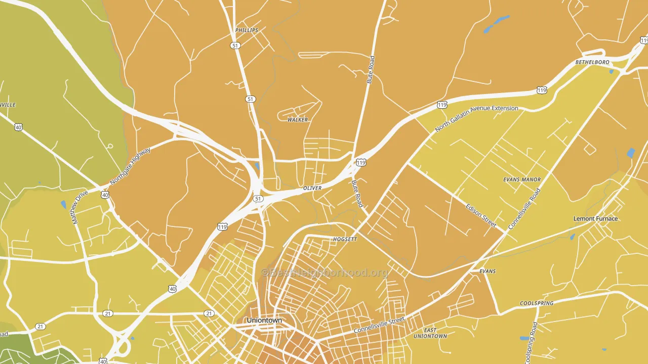 Map of the best neighborhoods in the 15472 area, with better matches in green and worse matches in red