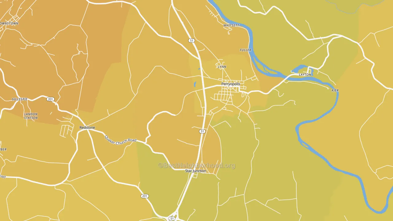 Map of the best neighborhoods in the 15473 area, with better matches in green and worse matches in red