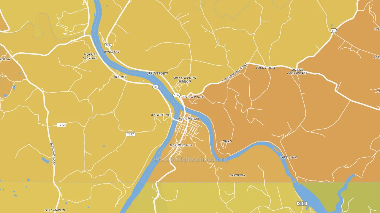 Map of the best neighborhoods in the 15474 area, with better matches in green and worse matches in red
