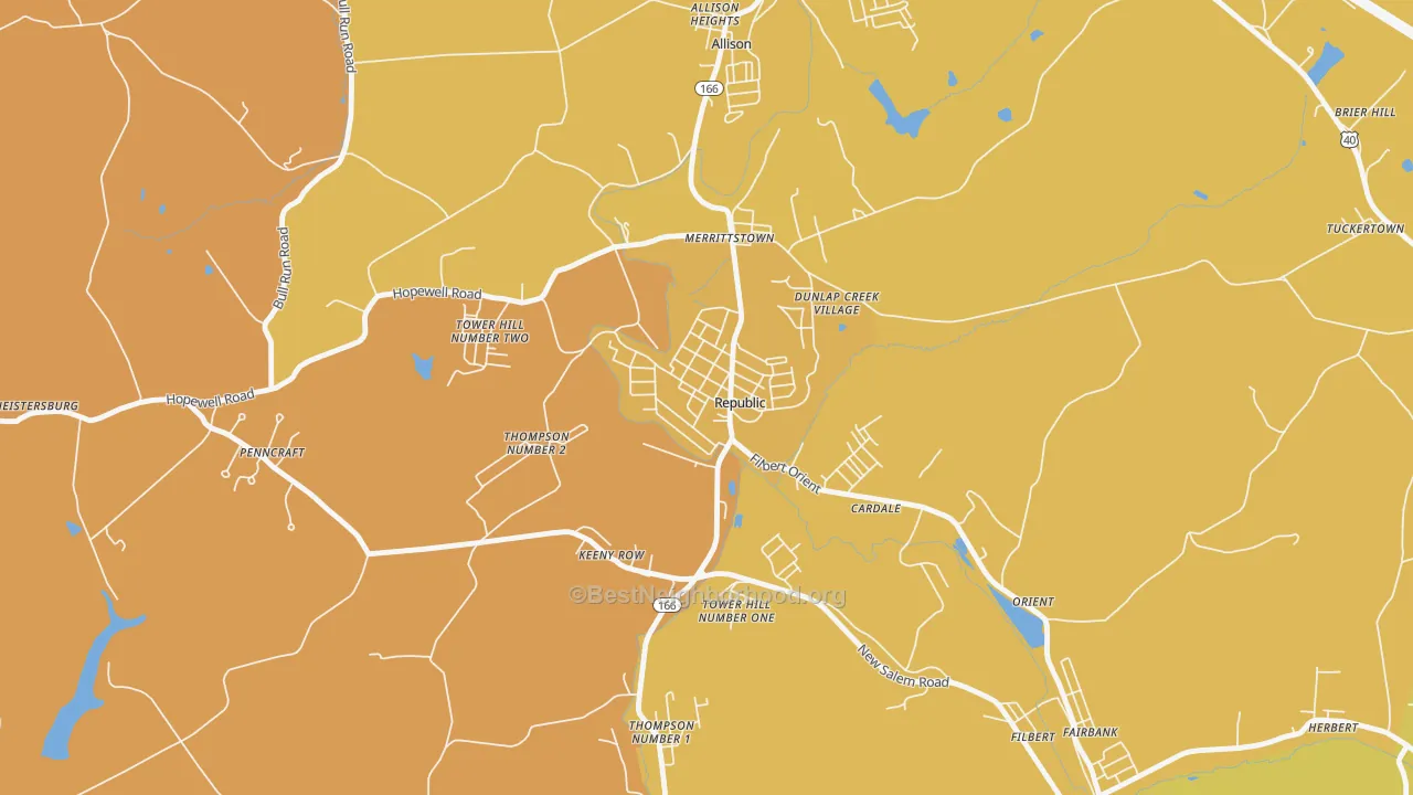 Map of the best neighborhoods in the 15475 area, with better matches in green and worse matches in red